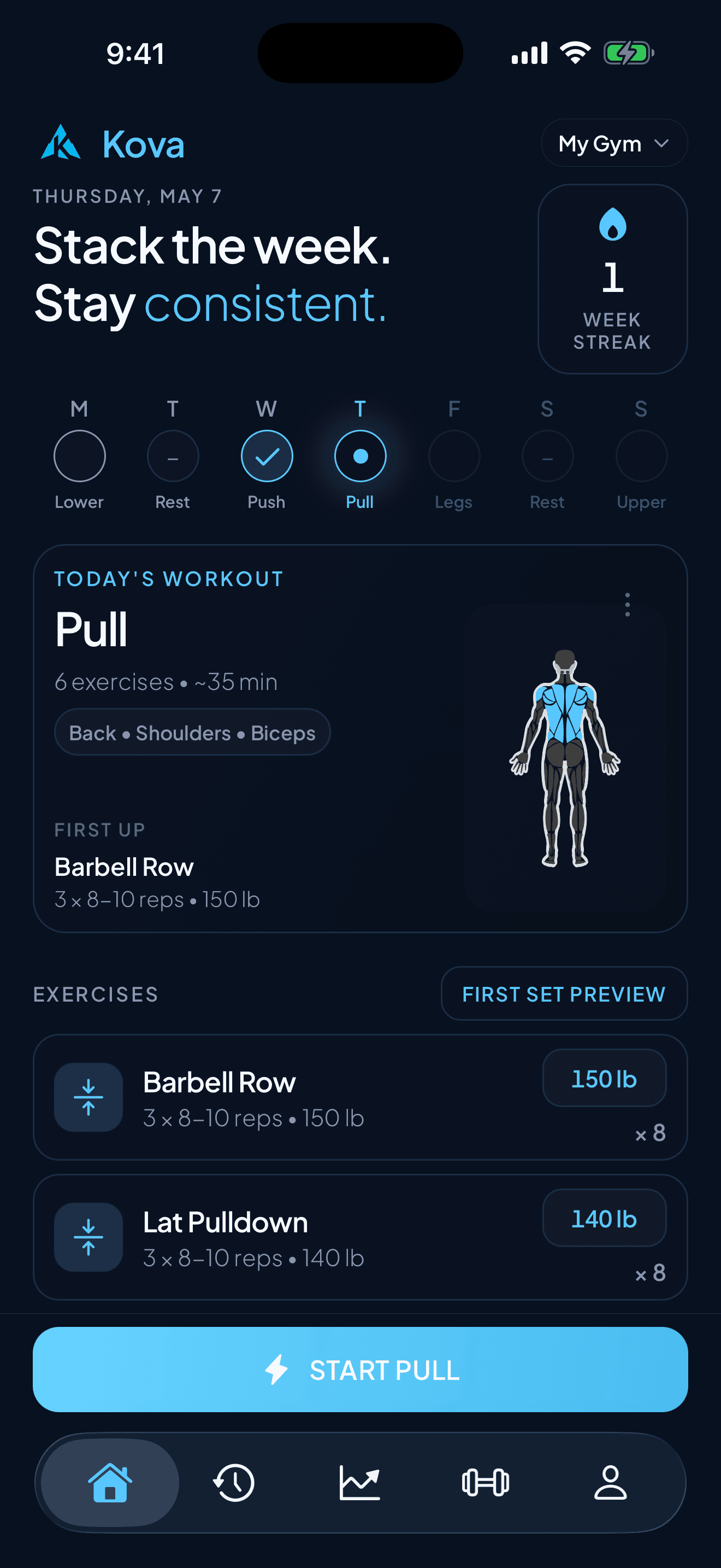Kova app home screen showing the weekly workout plan, streak, and pull workout details.